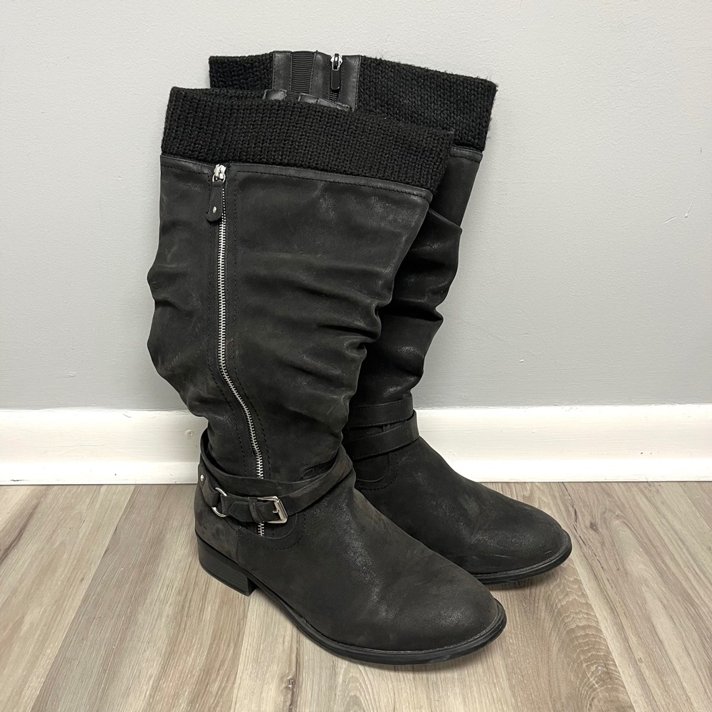 Torrid Boots Women's 12WW Black Oiled Sweater Trimmed Slouchy Buckle Knee High